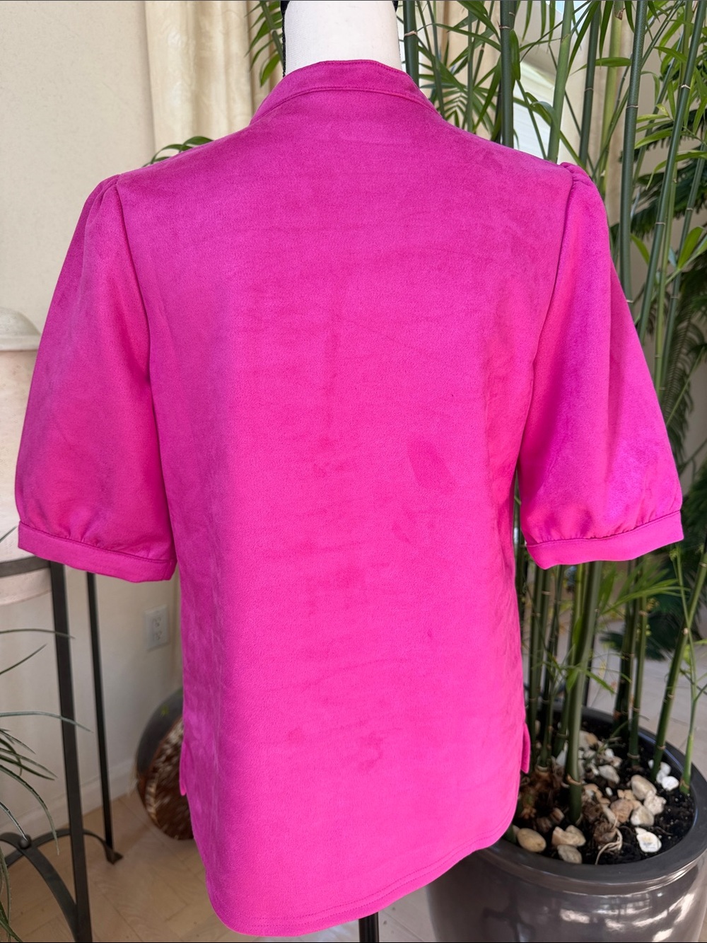 Belle by Kim Gravel Fuchsia Split-Neck Puff Sleeve Blouse - Picture 3 of 5